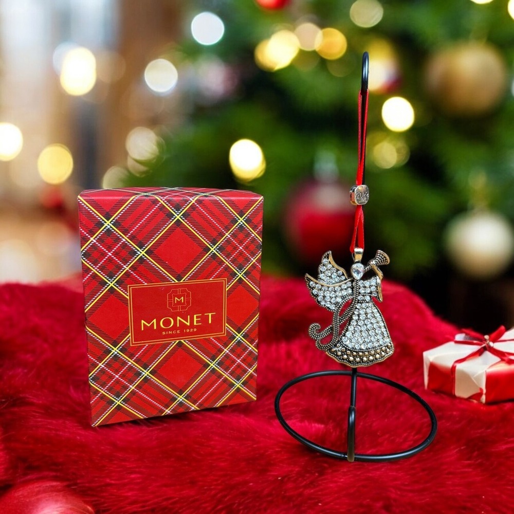 MONET  Rhinestone Christmas Ornament Annual Dated 2022 Angel Gold Tone